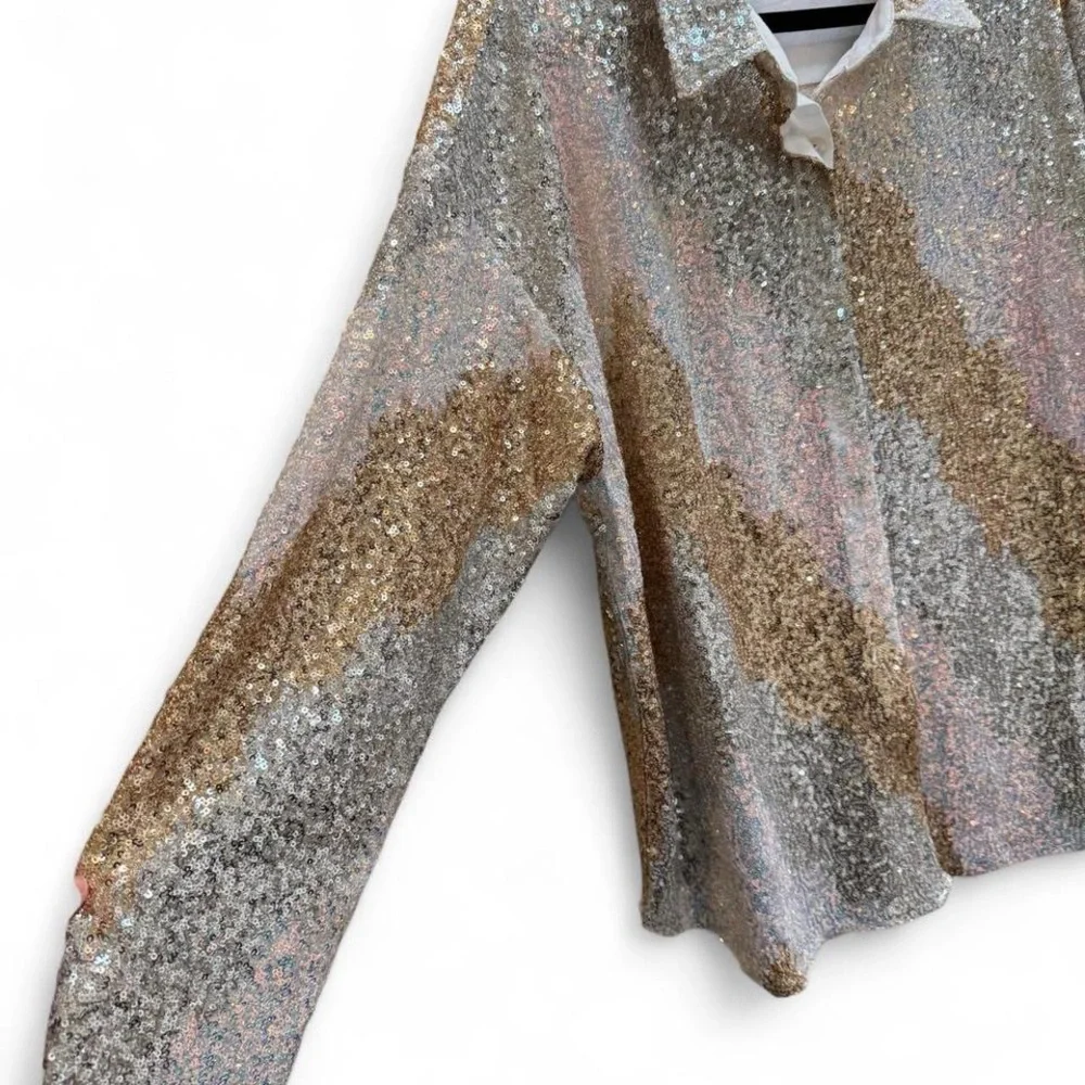 12th Tribe Sequin Button Up Shirt Large Gold Silver Party Top - Picture 8 of 8